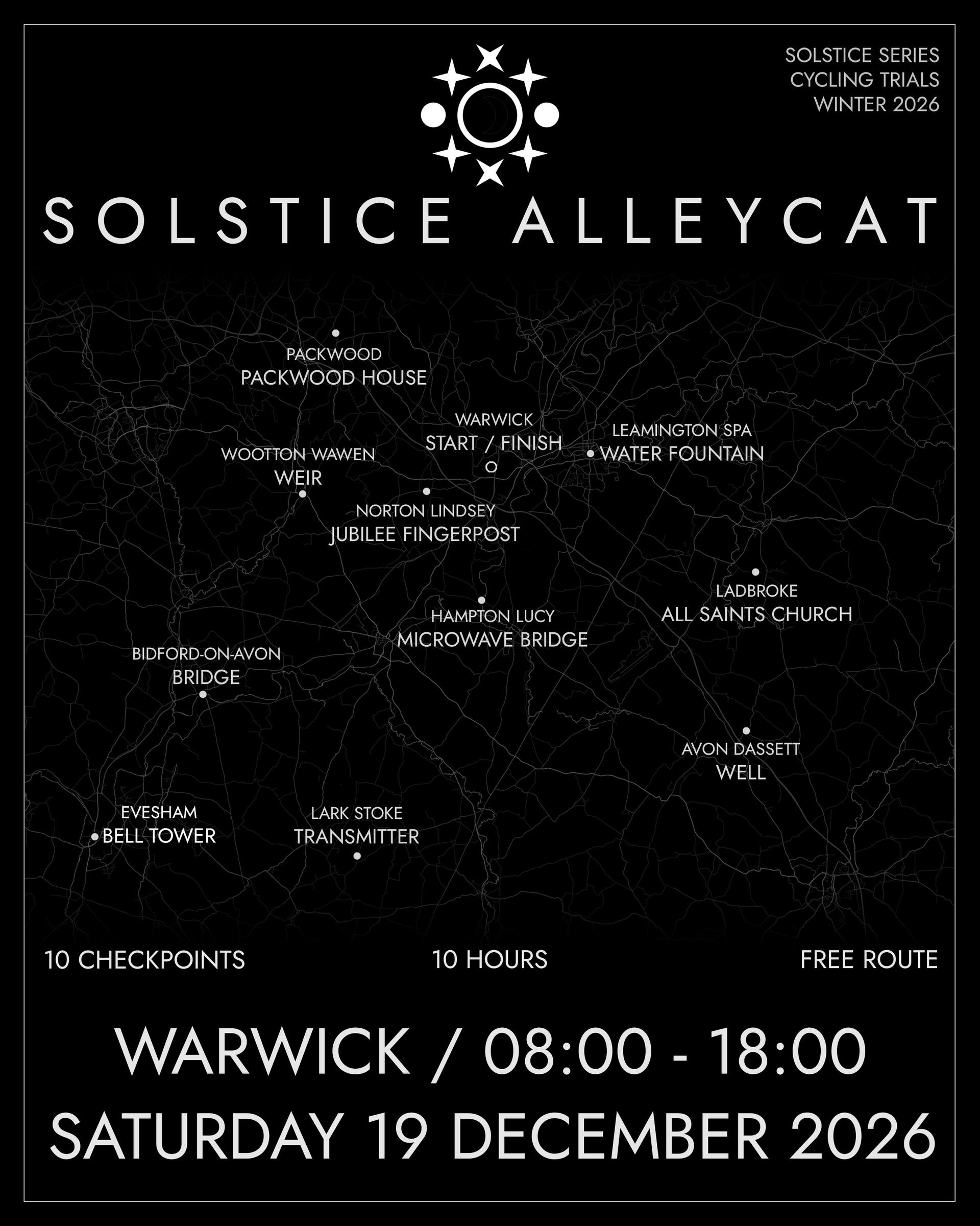 The 2026 Solstice Alleycat map showing ten checkpoints around Warwick, with no prescribed route between them.