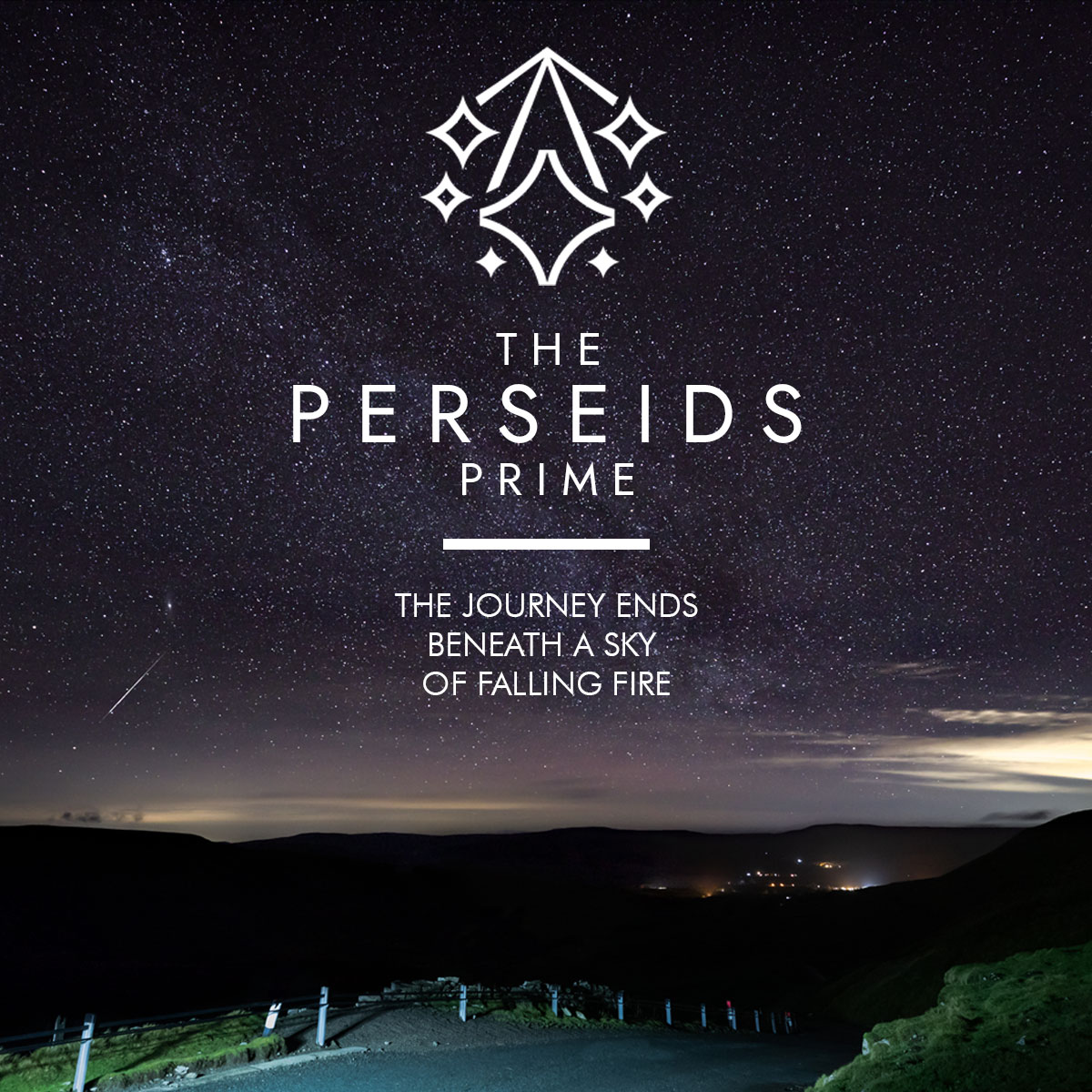 Perseids Prime announcement artwork over a star-filled sky and a quiet road at night.